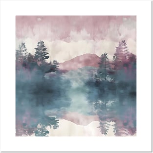 Pastel Colors Painting Of Mountain Trees With Purple Clouds Posters and Art